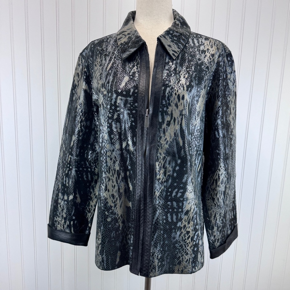 Chico's Reversible Leather Jacket Women 2 Silver Black Snake Print Metallic Edgy